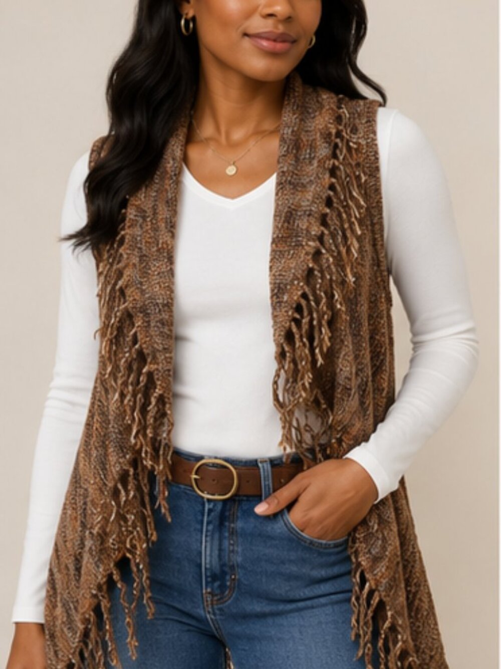 Ponsesa Brown Boho Fringe Open Front Knit Vest Cardigan Small